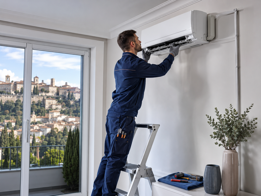 UN TECNICO CHE INSTALLA UN CONDIZIONATORE A BERGAMO