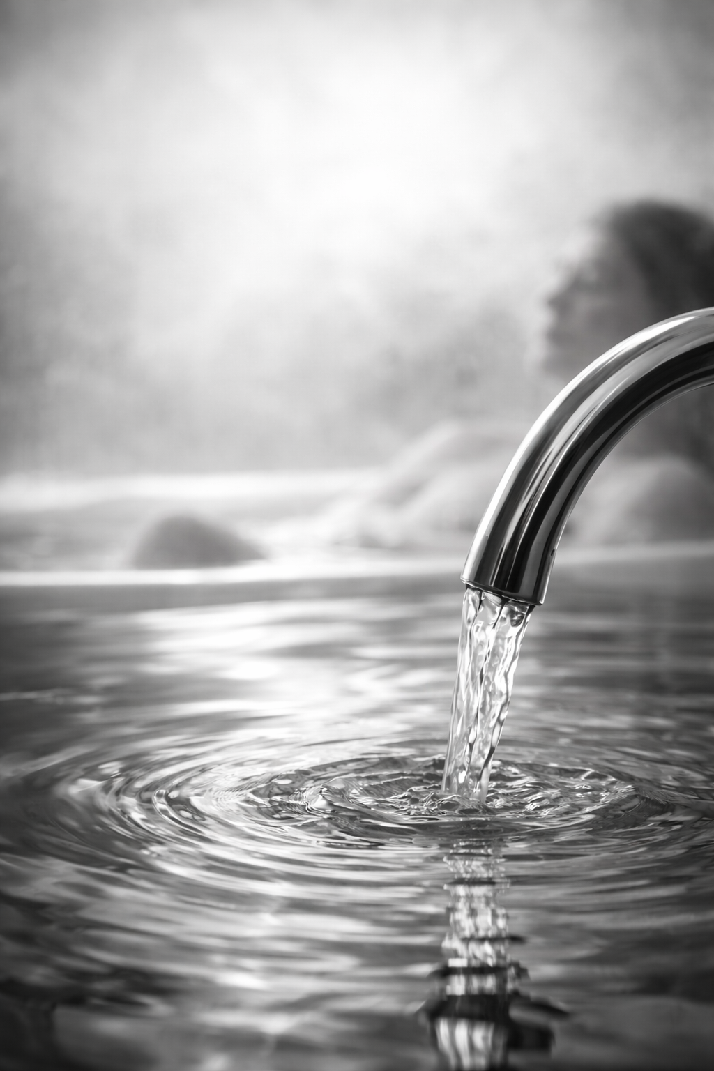 Flusso d’acqua in bianco e nero, catturato in primo piano come una scultura liquida, in un ambiente bagno essenziale e immerso nel silenzio.