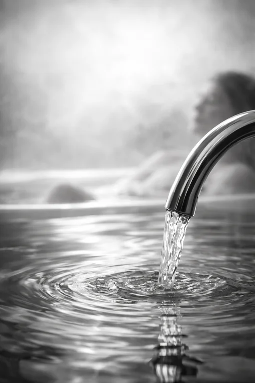 Flusso d’acqua in bianco e nero, catturato in primo piano come una scultura liquida, in un ambiente bagno essenziale e immerso nel silenzio.