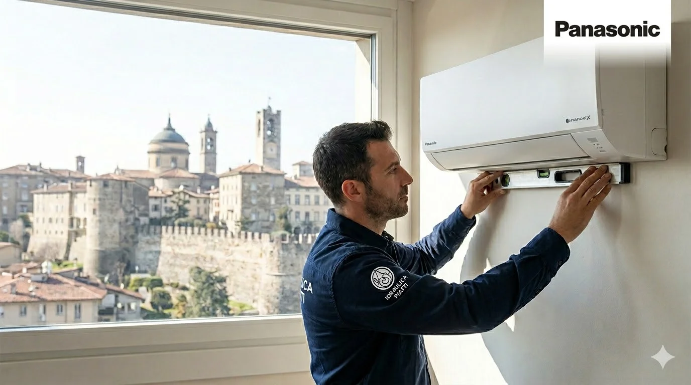 ecnico Idraulica Piatti installa condizionatore Panasonic Etherea a Bergamo Alta. Panoramica della città sullo sfondo