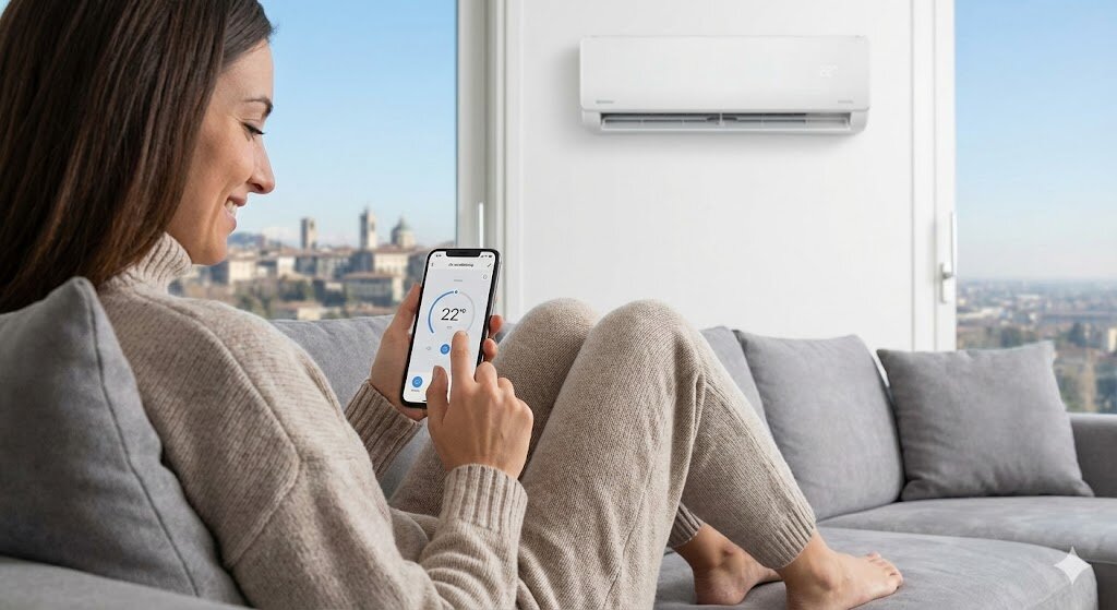 Uomo controlla condizionatore wifi con smartphone in appartamento a Bergamo