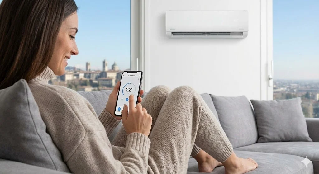 Uomo controlla condizionatore wifi con smartphone in appartamento a Bergamo