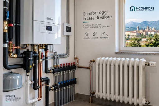  Installazione tecnica di caldaia a condensazione collegata a collettore per termosifoni in ghisa a Bergamo.