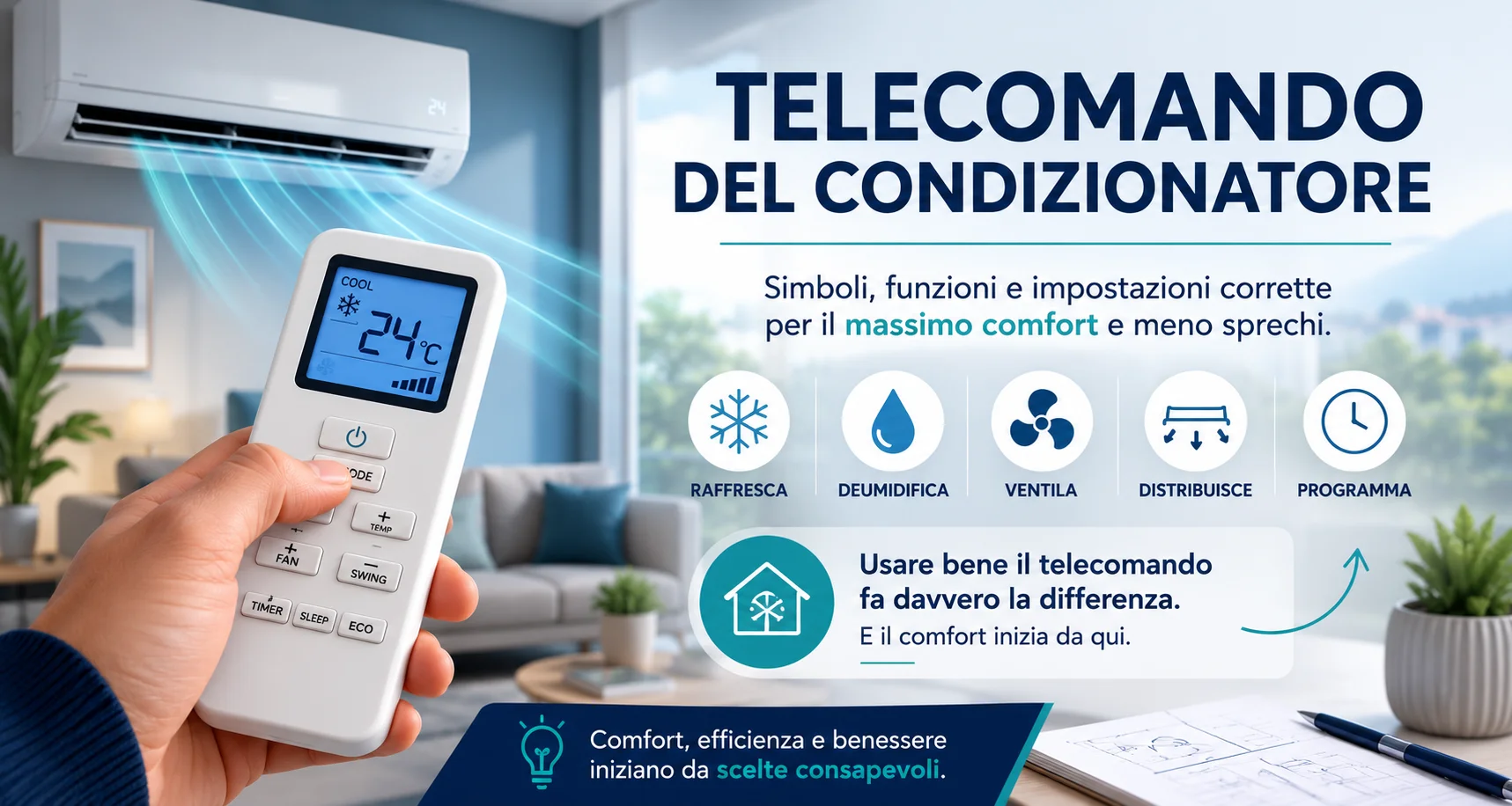 Persona che utilizza il telecomando di un climatizzatore moderno per regolare temperatura, modalità e comfort domestico.