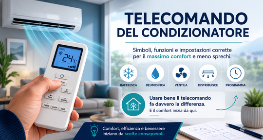 Persona che utilizza il telecomando di un climatizzatore moderno per regolare temperatura, modalità e comfort domestico.