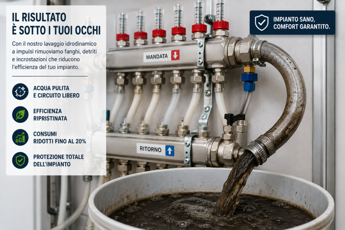 Acqua sporca e fanghi biologici rimossi dal collettore del riscaldamento a pavimento a Bergamo