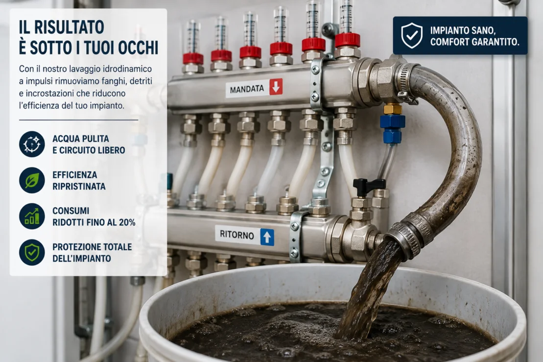 Acqua sporca e fanghi biologici rimossi dal collettore del riscaldamento a pavimento a Bergamo