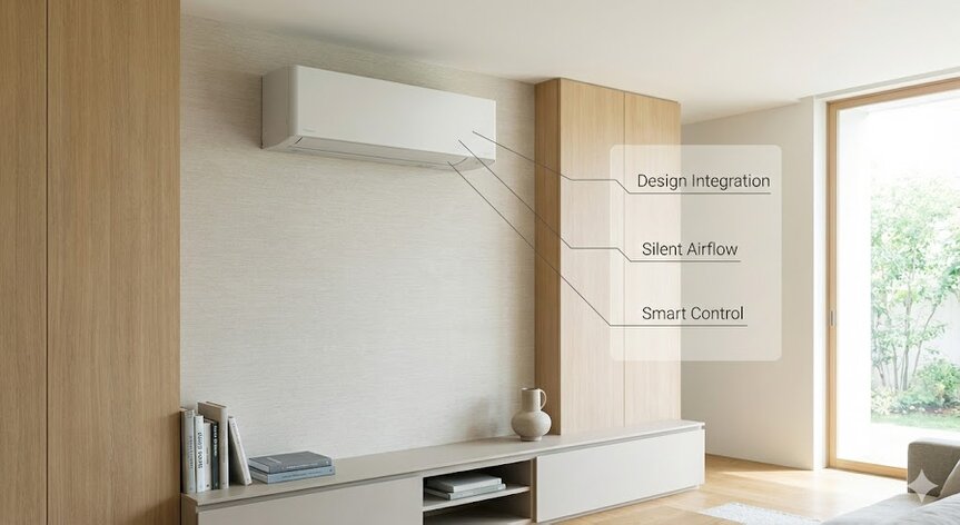 Condizionatore di design installato a parete, integrazione perfetta arredo.