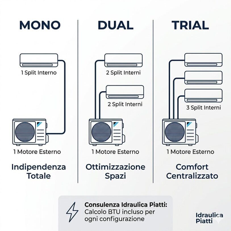 Confronto ingombri climatizzatori: 3 unità esterne Daikin Mono Split vs 1 unità esterna Trial Split Idraulica Piatti