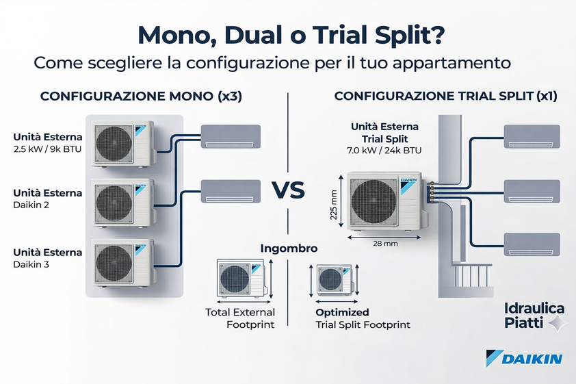 Confronto ingombri climatizzatori: 3 unità esterne Daikin Mono Split vs 1 unità esterna Trial Split Idraulica Piatti