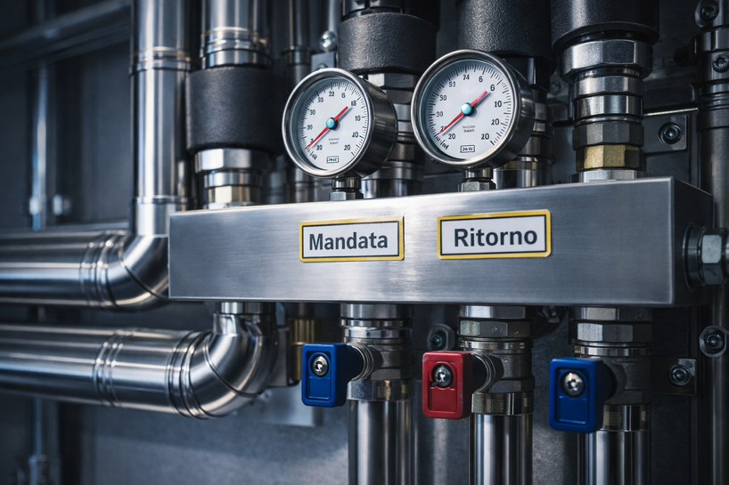Dettaglio tecnico impianto riscaldamento industriale Bergamo - Idraulica Piatti precisione.