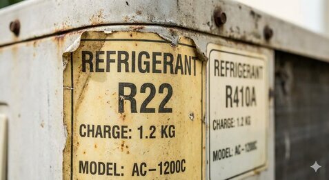 Etichetta vecchio condizionatore con gas R22 vietato installato a Bergamo.