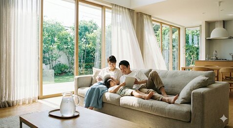 Famiglia si rilassa in casa fresca grazie ai condizionatori a Bergamo.