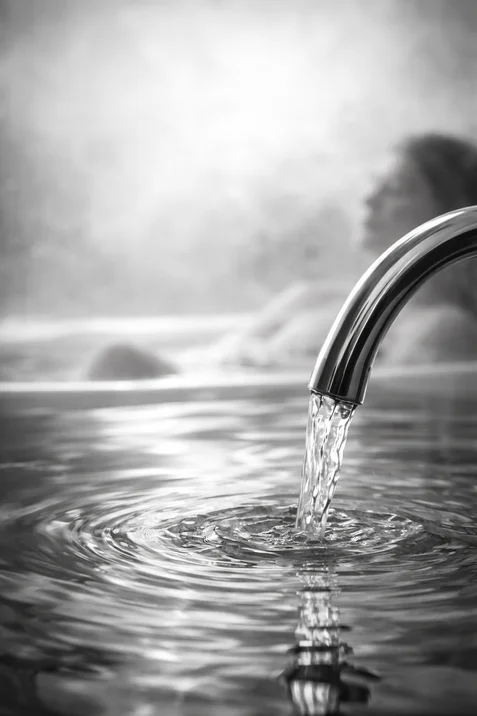 Flusso d’acqua in bianco e nero, catturato in primo piano come una scultura liquida, in un ambiente bagno essenziale e immerso nel silenzio.