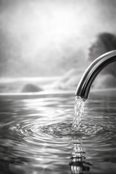 Flusso d’acqua in bianco e nero, catturato in primo piano come una scultura liquida, in un ambiente bagno essenziale e immerso nel silenzio.