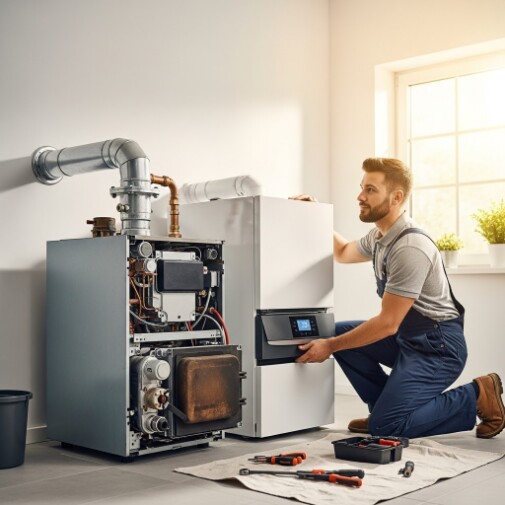 Sostituzione Caldaia Bergamo | Efficienza e Risparmio Energetico Tecnico specializzato che installa una nuova caldaia a condensazione in una casa moderna a Bergamo.