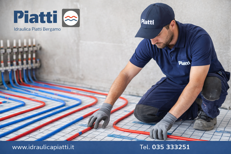 Tecnico Idraulica Piatti durante la posa chirurgica dei tubi radianti a Bergamo