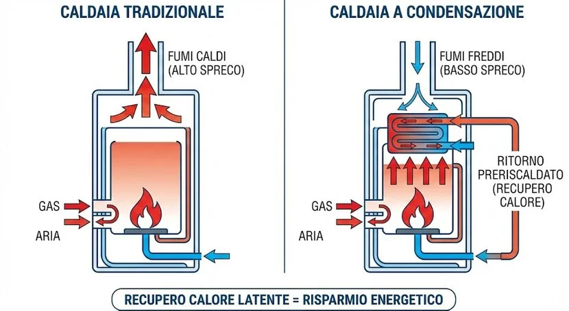 Schema del recupero di calore latente in una caldaia a condensazione