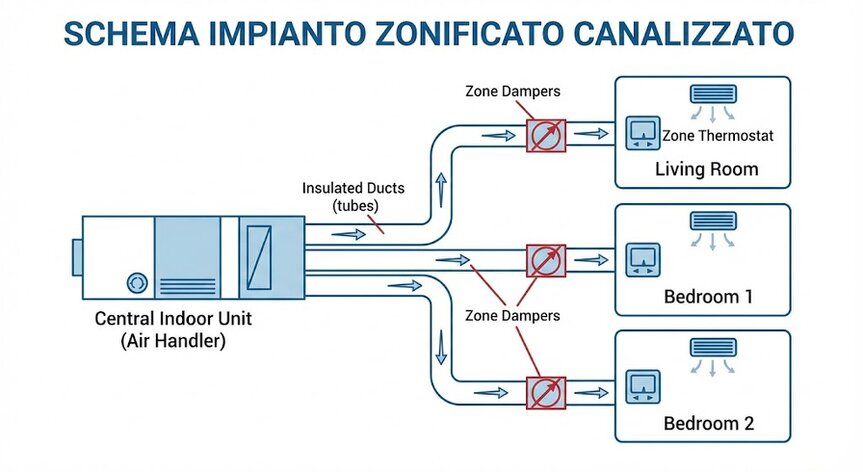  Schema funzionamento impianto condizionamento canalizzato a zone Idraulica Piatti.