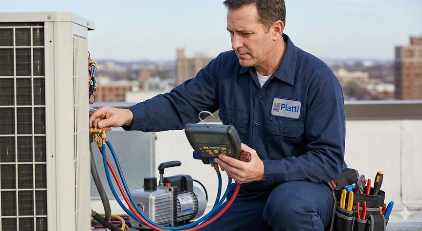 Tecnico Idraulica Piatti durante installazione condizionatore professionale a Bergamo