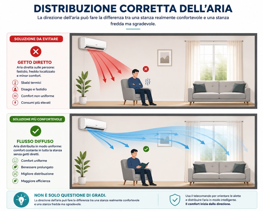 Confronto tra un getto d'aria diretto verso la persona e una distribuzione uniforme dell'aria tramite le alette dello split per migliorare il comfort domestico.