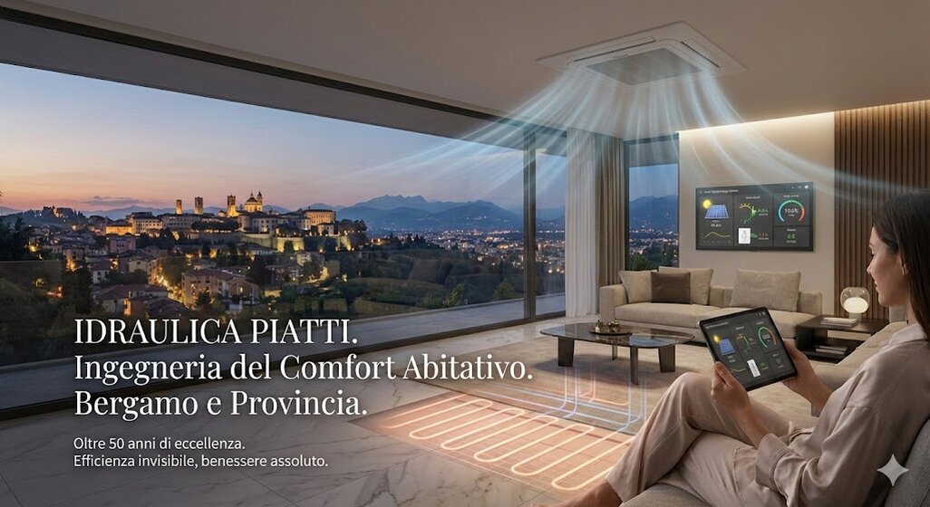 Immagine hero del sito web di Idraulica Piatti, che mostra un soggiorno di lusso con vista panoramica su Bergamo Alta al tramonto. L'immagine visualizza graficamente sistemi avanzati e invisibili di riscaldamento a pavimento e climatizzazione a soffitto, gestiti tramite un tablet, con il testo sovrapposto 'Ingegneria del Comfort Abitativo. Bergamo e Provincia.'. Evidenzia l'efficienza energetica, il benessere e la qualità premium dei servizi offerti da oltre 50 anni."