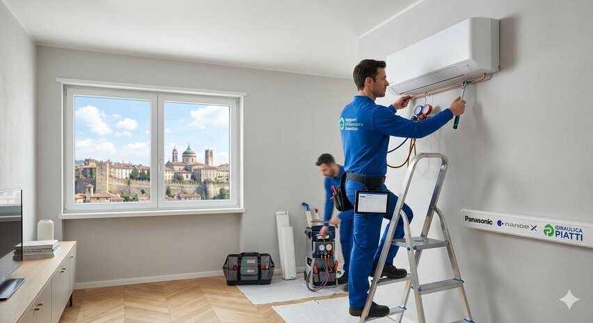 Tecnico Idraulica Piatti installa un condizionatore Panasonic a Bergamo Tecnico Idraulica Piatti installa un condizionatore Panasonic a Bergamo