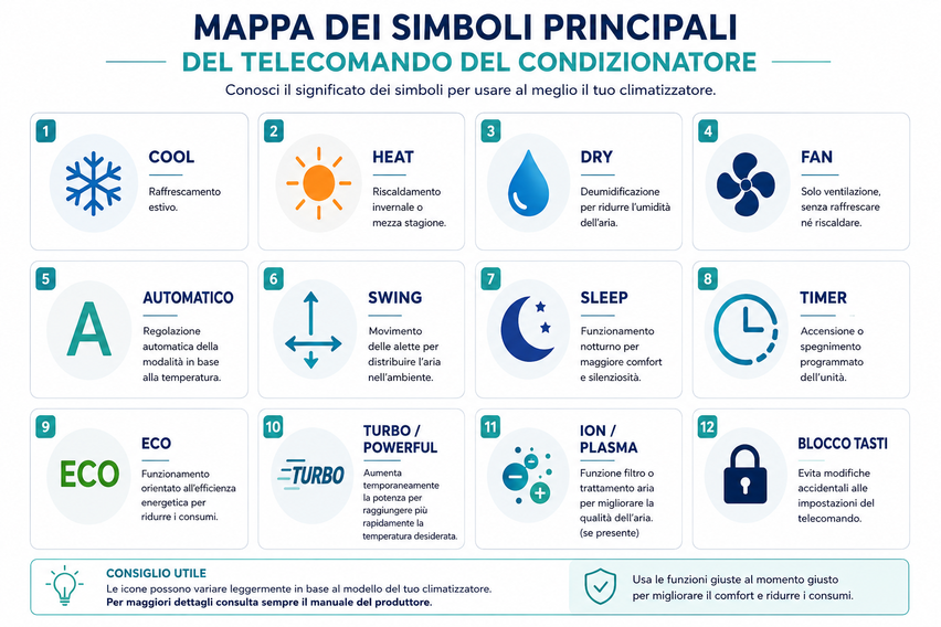 Infografica con i simboli del telecomando del condizionatore: Cool, Heat, Dry, Fan, Auto, Swing, Sleep, Timer, Eco, Turbo, Ion e Lock con il relativo significato.