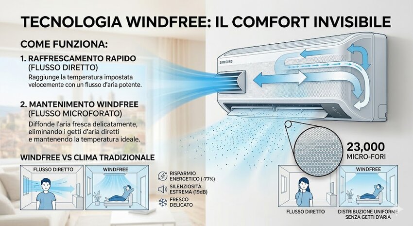 Infografica tecnica che spiega come i micro-fori del Samsung WindFree eliminino i getti d'aria diretti per un comfort invisibile | Idraulica Piatti Infografica tecnica che spiega come i micro-fori del Samsung WindFree eliminino i getti d'aria diretti per un comfort invisibile | Idraulica Piatti