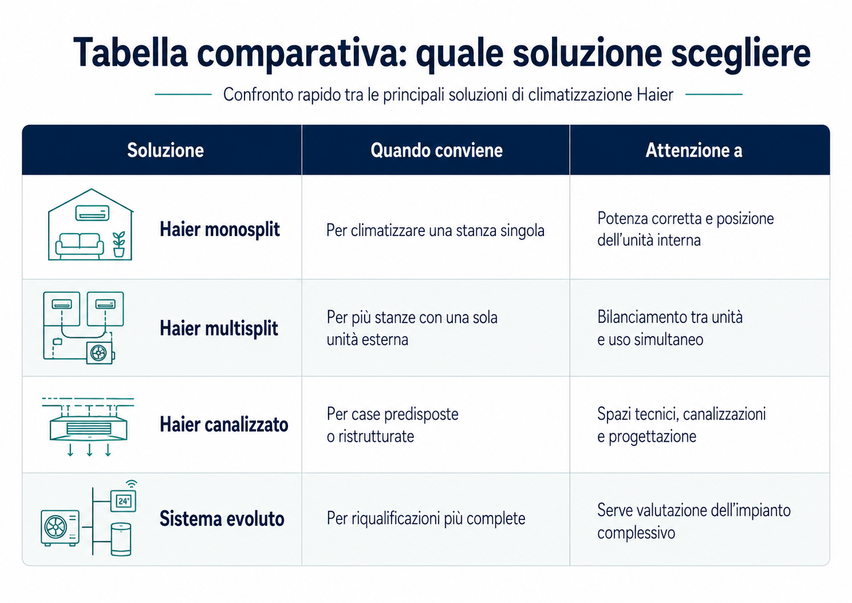 Tabella comparativa delle soluzioni Haier monosplit, multisplit, canalizzato e sistema evoluto per climatizzare casa a Bergamo