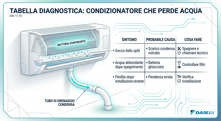 Tabella diagnostica per condizionatore che perde acqua: cause e soluzioni professionali a Bergamo - Idraulica Piatti